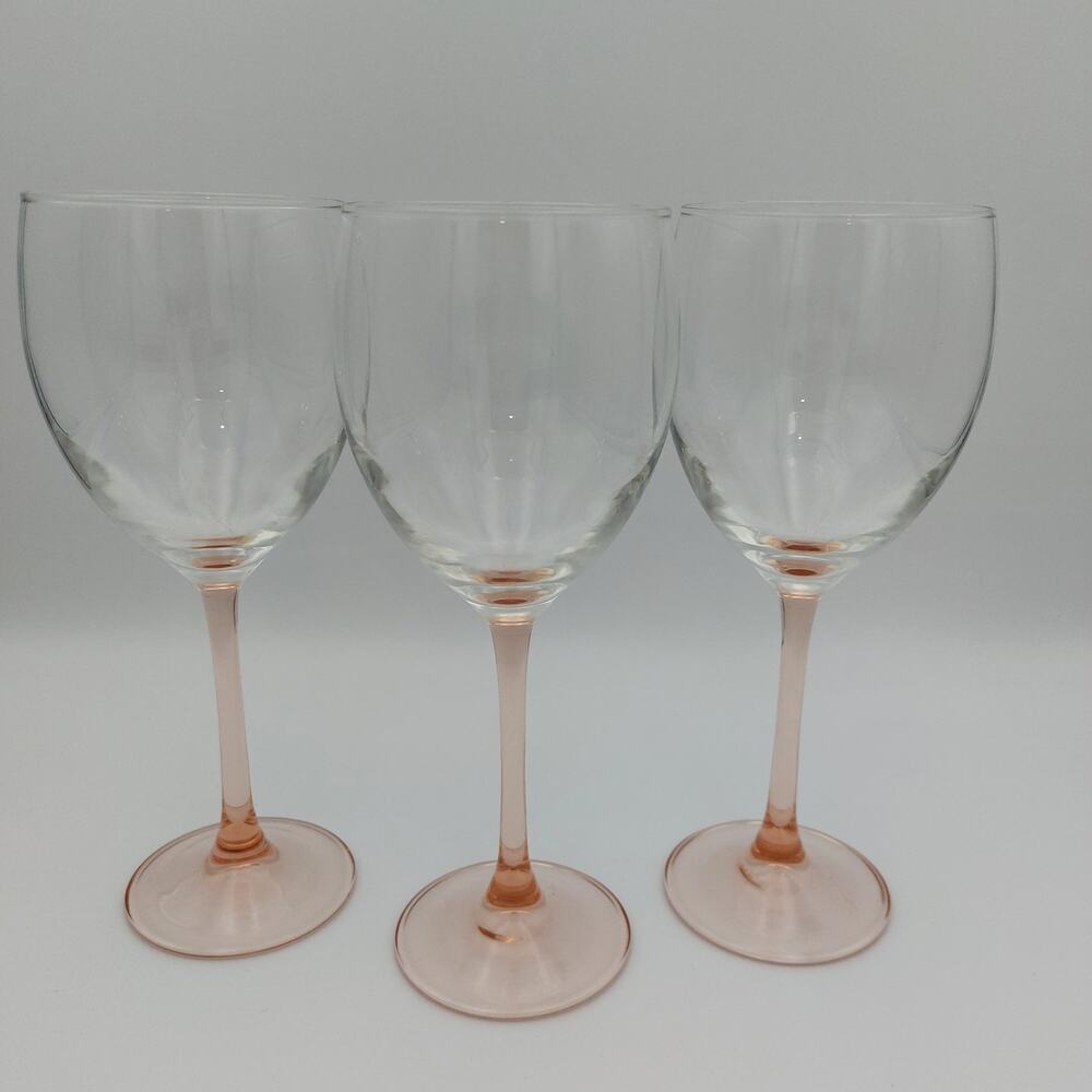 VTG Luminarc France Pink Stem Wine Glasses Set of 3 Blush Rose Goblets Barware